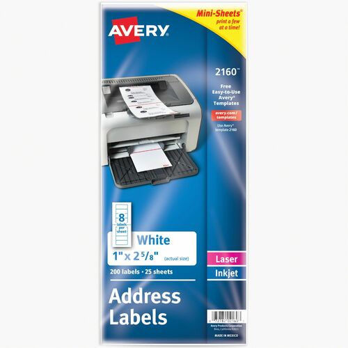 Avery® AVE2160 Mini-Sheet Label - Permanent Adhesive - 1" Width X 2.62" Length - Rectangle - Laser, Inkjet - White - 200 / Pack