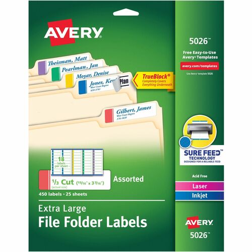 Avery® AVE5026 Extra Large Filing Label - 0.93" Width X 3.43" Length - 18 / Sheet - Rectangle - Laser, Laser - Assorted - 450 / Pack