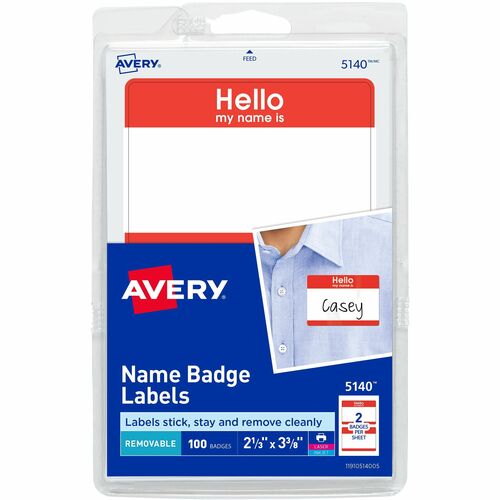 Avery® AVE5140 Name Badge Label - Removable Adhesive - "Hello My Name Is" - 2.34" Width X 3.37" Length - 2 / Sheet - Rectangle - Laser, Inkjet - Red - 100 / Pack