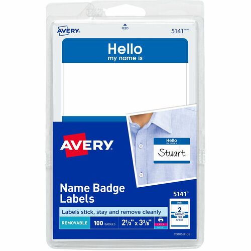 Avery® AVE5141 Name Badge Label - Removable Adhesive - "Hello My Name Is" - 2.31" Width X 3.37" Length - 2 / Sheet - Rectangle - Laser, Inkjet - Blue - 100 / Pack