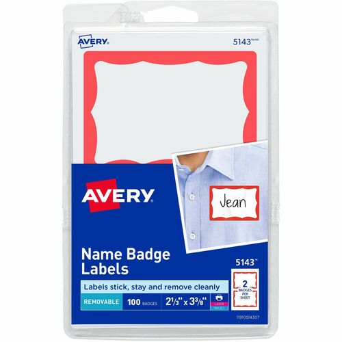Avery® AVE5143 Name Badge Label - Removable Adhesive - 2.34" Width X 3.37" Length - 2 / Sheet - Rectangle - Laser, Inkjet - Red - 100 / Pack