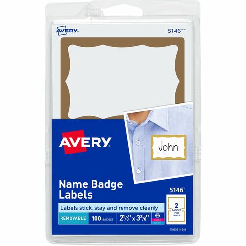 Avery® AVE5146 Name Badge Label - Removable Adhesive - 2.34" Width X 3.37" Length - 2 / Sheet - Rectangle - Laser, Inkjet - Gold - 100 / Pack