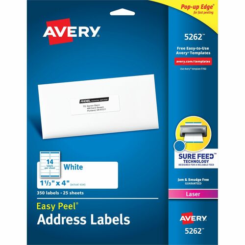 Avery® AVE5262 Easy Peel Mailing Label - Permanent Adhesive - 1.33" Width X 4" Length - 14 / Sheet - Rectangle - Laser - White - 350 / Pack