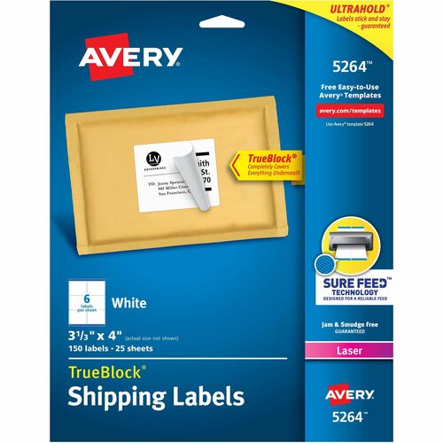 Avery® AVE5264 Easy Peel Mailing Label - Permanent Adhesive - 3.33" Width X 4" Length - 6 / Sheet - Rectangle - Laser, Inkjet - White - 150 / Pack