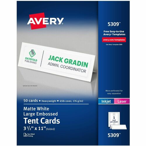 Avery® AVE5309 Tent Card - 3.50" X 11" - 50 / Box - White
