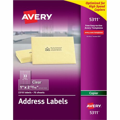 Avery® AVE5311 Clear Mailing Label - Permanent Adhesive - 1" Width X 2.81" Length - 33 / Sheet - Rectangle - Clear - 2310 / Box