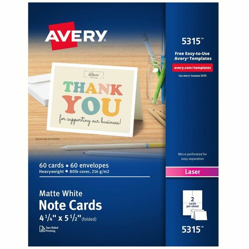 Avery® AVE5315 Note Card - 4.25" X 5.50" - 60 / Box - White
