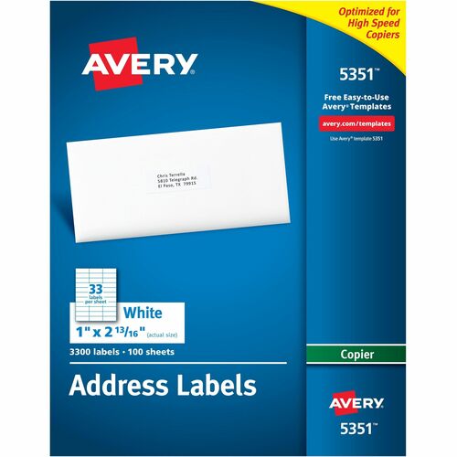 Avery® AVE5351 White Mailing Labels - Permanent Adhesive - 1" Width X 2.81" Length - 33 / Sheet - Rectangle - White - 3300 / Box