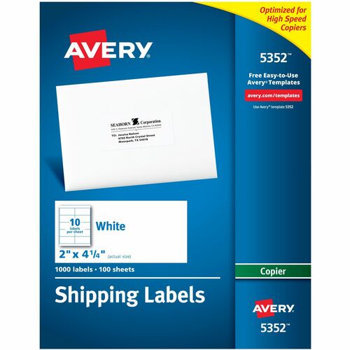 Avery® AVE5352 Copier Mailing Label - Permanent Adhesive - 2" Width X 4.20" Length - Rectangle - White - 1000 / Box