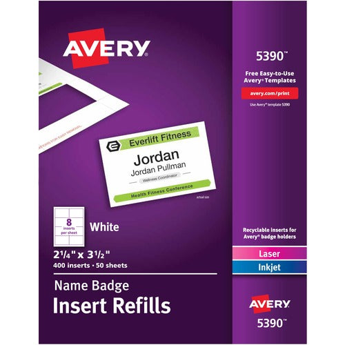 Avery® AVE5390 Plain Insert Badge Refill - 2.25" Width X 3.50" Length - Rectangle - Laser, Inkjet - White - 400 / Box