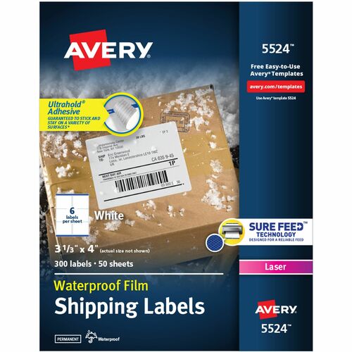 Avery® AVE5524 Weather Proof Mailing Label - Permanent Adhesive - "3.33" Width X 4" Length - 6 / Sheet - Rectangle - Laser - White - Polyester - 300 / Pack