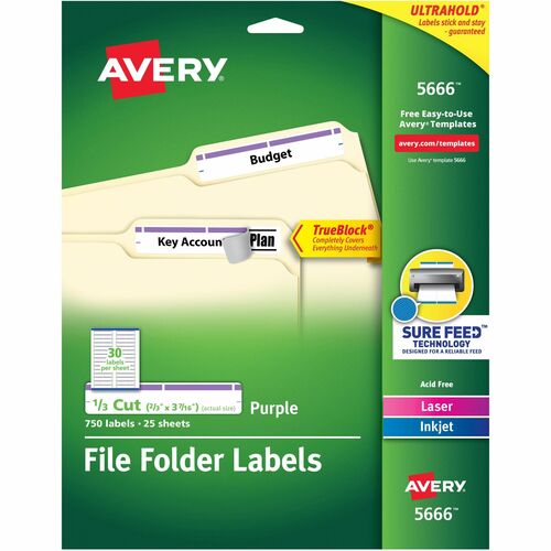 Avery® AVE5666 Filing Labels - Permanent Adhesive - 0.66" Width X 3.43" Length - 30 / Sheet - Rectangle - Laser, Inkjet - Purple - 750 / Pack