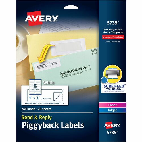 Avery® AVE5735 Specialty Piggyback Mailing Labels - 1.62" Width X 4" Length - Inkjet, Inkjet - White - 240 / Pack