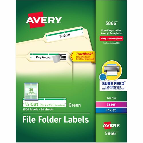 Avery® AVE5866 Filing Labels - Permanent Adhesive - 0.66" Width X 3.43" Length - 30 / Sheet - Rectangle - Laser, Inkjet - Green - 1500 / Box