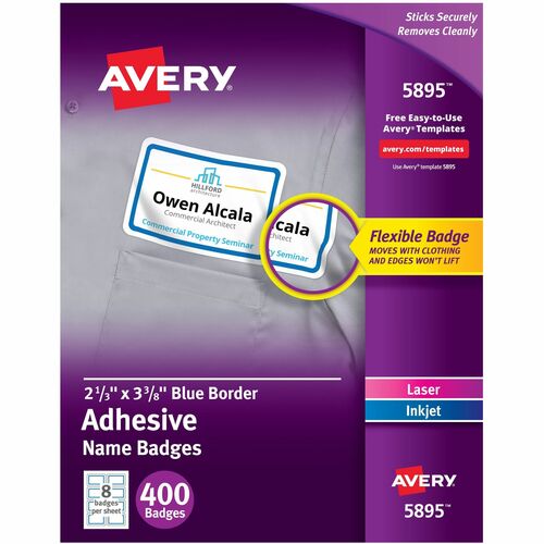 Avery® AVE5895 Name Badge Label - Removable Adhesive - 2.33" Width X 3.37" Length - 8 / Sheet - Rectangle - Laser, Inkjet - White - 400 / Box