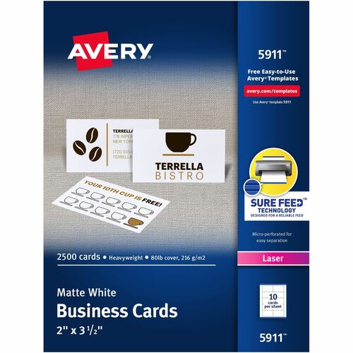 Avery® AVE5911 Business Card - 2" X 3.50" - 2500 / Box - White