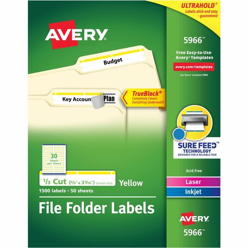 Avery® AVE5966 Filing Labels - Permanent Adhesive - 0.66" Width X 3.43" Length - 30 / Sheet - Rectangle - Laser, Inkjet - Yellow - 1500 / Box