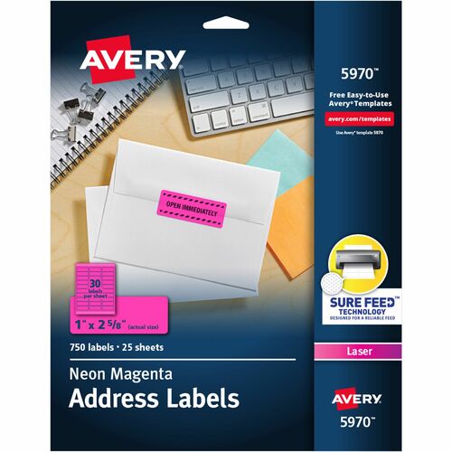 Avery® AVE5970 High Visibility Labels - Permanent Adhesive - 1" Width X 2.62" Length - 30 / Sheet - Rectangle - Laser - Magenta - 750 / Pack