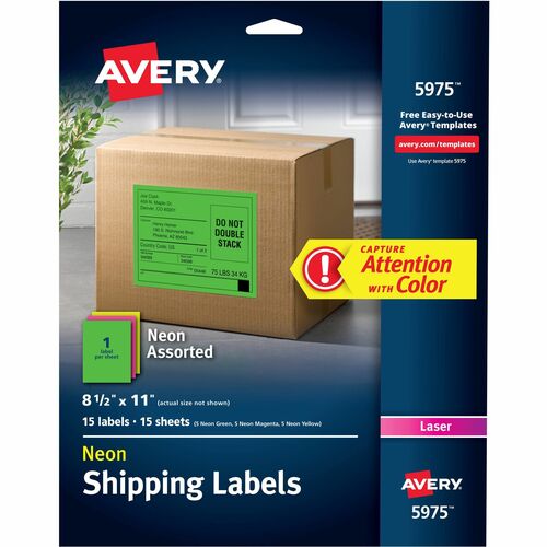 Avery® AVE5975 Neon Rectangle Laser Label - Permanent Adhesive - 8.50" Width X 11" Length - 1 / Sheet - Rectangle - Laser - Neon Yellow, Neon Green - 15 / Pack