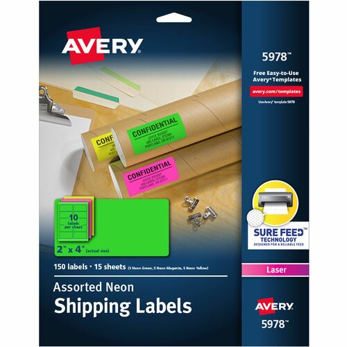 Avery® AVE5978 Neon Rectangle Laser Label - Permanent Adhesive - 2" Width X 4" Length - 10 / Sheet - Rectangle - Laser - Assorted - 150 / Pack