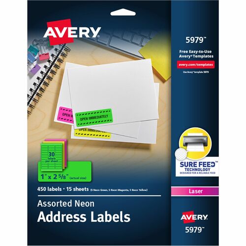 Avery® AVE5979 High Visibility Labels - Permanent Adhesive - 1" Width X 2.62" Length - 30 / Sheet - Rectangle - Laser - Assorted - 450 / Pack