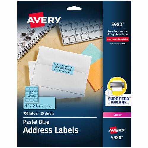 Avery® AVE5980 High Visibility Labels - Permanent Adhesive - 1" Width X 2.62" Length - 30 / Sheet - Rectangle - Laser - Blue - 750 / Pack