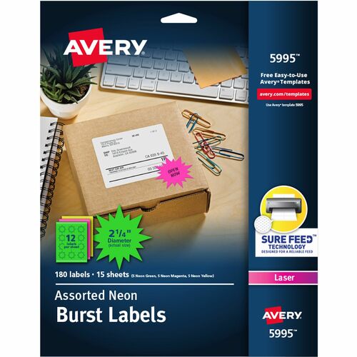 Avery® AVE5995 High Visibility Label - Permanent Adhesive - 2.25" Diameter - 12 / Sheet - Circle - Laser - Assorted - 180 / Pack