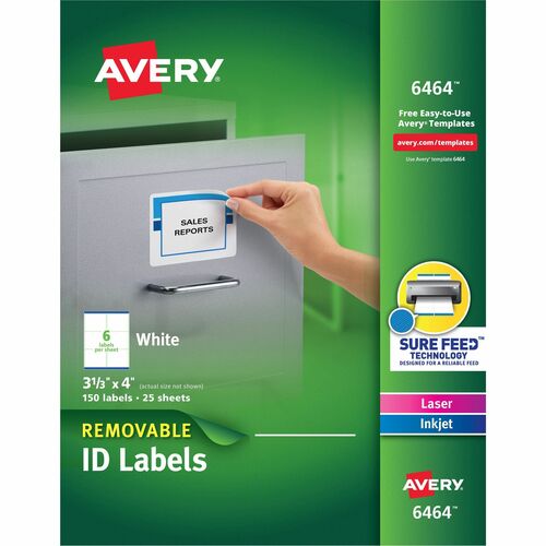 Avery® AVE6464 Removable Label - Removable Adhesive - 3.33" Width X 4" Length - 6 / Sheet - Rectangle - Laser, Inkjet - White - 150 / Pack