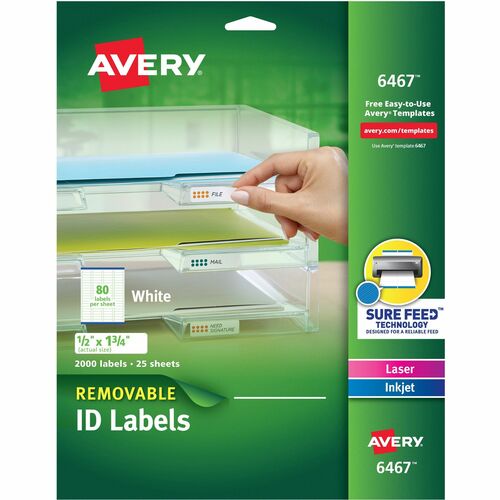 Avery® AVE6467 Removable Label - Removable Adhesive - 0.50" Width X 1.75" Length - 80 / Sheet - Rectangle - Laser, Inkjet - White - 2000 / Pack