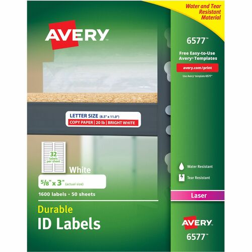 Avery® AVE6577 Permanent Durable I.D. Label - Permanent Adhesive - "0.62" Width X 3" Length - 32 / Sheet - Rectangle - Laser - White - Polyester - 1600 / Pack
