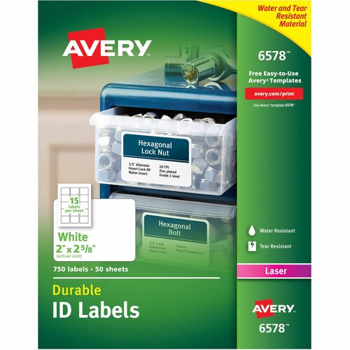 Avery® AVE6578 Permanent Durable I.D. Label - Permanent Adhesive - "2" Width X 2.62" Length - 15 / Sheet - Rectangle - Laser - White - Polyester - 750 / Pack