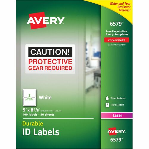 Avery® AVE6579 Permanent Durable I.D. Label - Permanent Adhesive - "5" Width X 8.12" Length - 2 / Sheet - Rectangle - Laser - White - Polyester - 100 / Pack