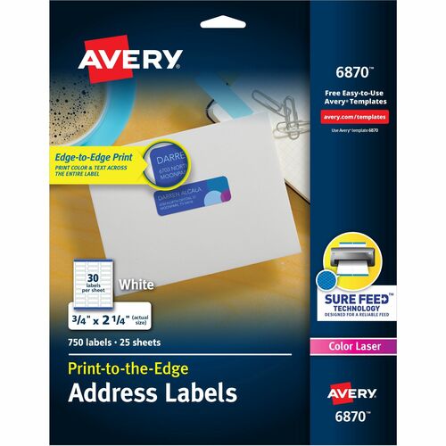 Avery® AVE6870 Color Printing Label - 0.75" Width X 2.20" Length - 30 / Sheet - Rectangle - Laser - White - 750 / Pack