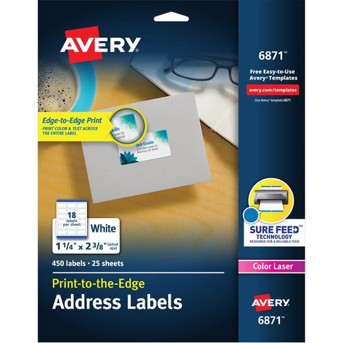 Avery® AVE6871 Color Printing Label - 1.25" Width X 2.37" Length - 18 / Sheet - Rectangle - Laser - White - 450 / Pack