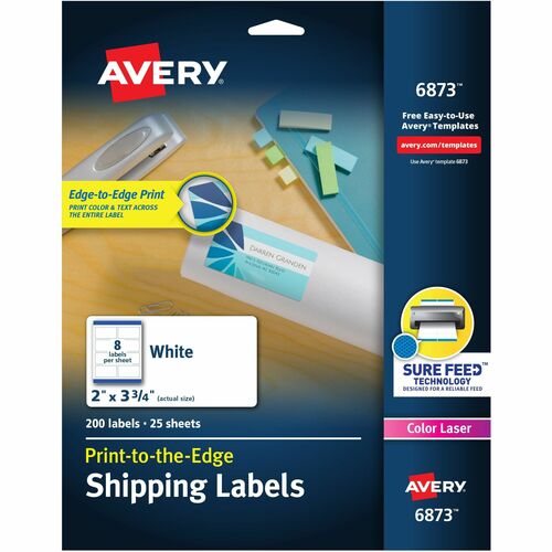 Avery® AVE6873 Color Printing Label - 2" Width X 3.75" Length - 8 / Sheet - Rectangle - Laser - White - 200 / Pack