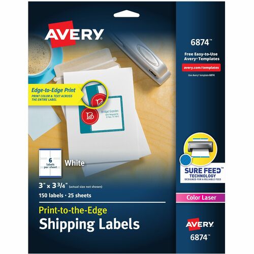 Avery® AVE6874 Color Printing Label - 3" Width X 3.75" Length - 6 / Sheet - Rectangle - Laser - White - 150 / Pack