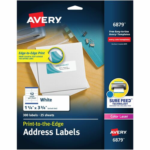 Avery® AVE6879 Color Printing Label - 3.75" Width X 1.25" Length - 12 / Sheet - Rectangle - Laser - White - 300 / Pack