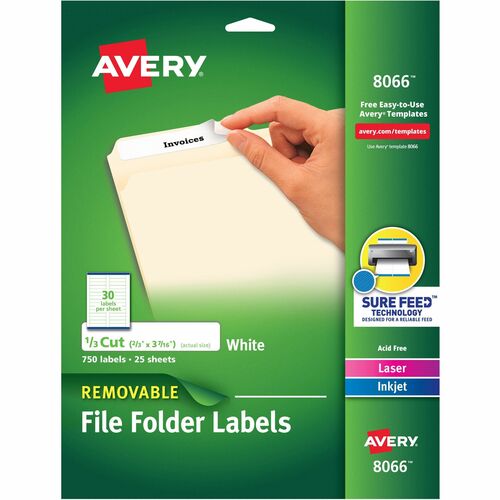 Avery® AVE8066 Removable Filing Labels - Removable Adhesive - 0.66" Width X 3.43" Length - 30 / Sheet - Rectangle - Laser, Inkjet - White - 750 / Pack