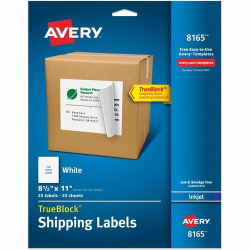 Avery® AVE8165 Mailing Label - Permanent Adhesive - 8.50" Width X 11" Length - 1 / Sheet - Rectangle - Inkjet - White - 25 / Pack
