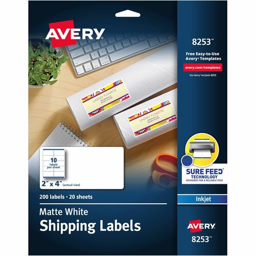 Avery® AVE8253 Color Printing Labels - Permanent Adhesive - 2" Width X 4" Length - 10 / Sheet - Rectangle - Inkjet - White - 200 / Pack