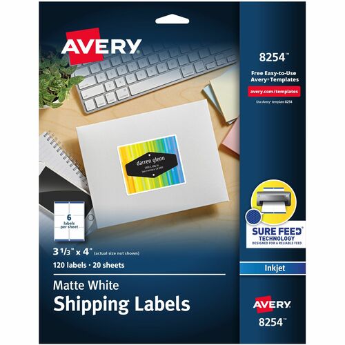 Avery® AVE8254 Color Printing Labels - Permanent Adhesive - 3.33" Width X 4" Length - 6 / Sheet - Rectangle - Inkjet - White - 120 / Pack