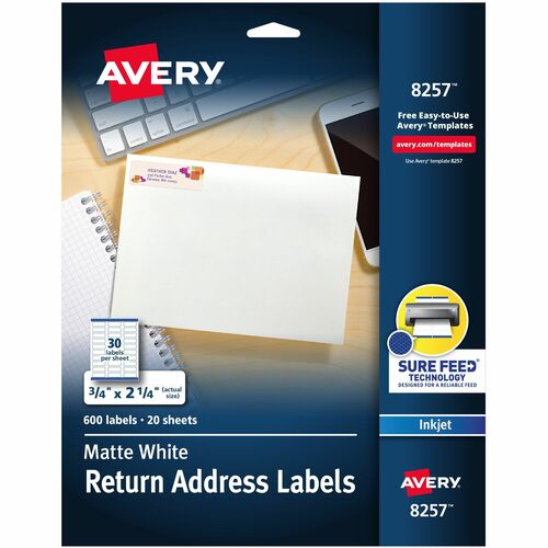 Avery® AVE8257 Mailing Label - 0.75" Width X 2.25" Length - Rectangle - Inkjet - White - 600 / Pack