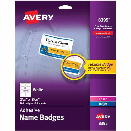 Avery® AVE8395 Name Badge Label - Removable Adhesive - 2.33" Width X 3.37" Length - 8 / Sheet - Rectangle - Laser, Inkjet - White - 160 / Pack