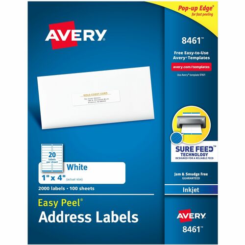 Avery® AVE8461 Easy Peel Mailing Label - Permanent Adhesive - 1" Width X 4" Length - 20 / Sheet - Square - Inkjet - White - 2000 / Box