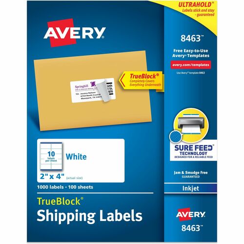 Avery® AVE8463 Mailing Label - Permanent Adhesive - 2" Width X 4" Length - 10 / Sheet - Rectangle - Inkjet - White - 1000 / Box