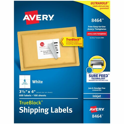 Avery® AVE8464 Shipping Label - Permanent Adhesive - 3.33" Width X 4" Length - 6 / Sheet - Rectangle - Inkjet - White - 600 / Box