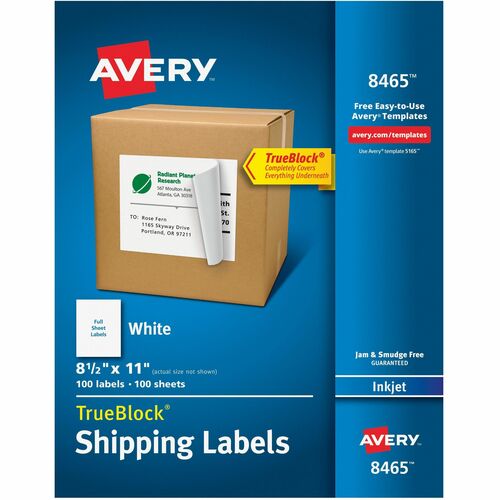 Avery® AVE8465 Mailing Label - Permanent Adhesive - 8.50" Width X 11" Length - 1 / Sheet - Rectangle - Inkjet - White - 100 / Box