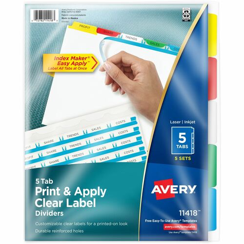 Avery® AVE11418 Index Maker Punched Clear Label Tab Divider - 5 X Divider(S) - Blank Tab(S) - 5 Tab(S)/Set - 8.50" Divider Width X 11" Divider Length - Letter - 3 Hole Punched - White Divider - Multicolor Tab(S) - 5 / Pack