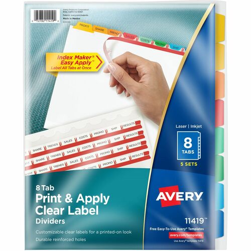 Avery® AVE11419 Index Maker Punched Clear Label Tab Divider - 40 X Divider(S) - Blank Tab(S) - 8 Tab(S)/Set - 8.50" Divider Width X 11" Divider Length - Letter - 3 Hole Punched - Multicolor Tab(S) - 5 / Pack