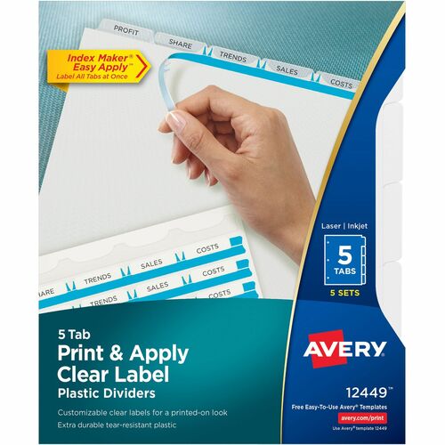 Avery® AVE12449 Index Maker Easy Apply Clear Label Divider - 5 X Divider(S) - Blank Tab(S) - 5 Tab(S)/Set - 8.50" Divider Width X 11" Divider Length - Letter - 3 Hole Punched - Plastic Divider - Clear Tab(S) - 5 / Pack